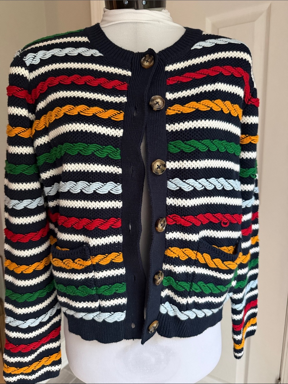 La Ligne Navy Cardigan with Red, Yellow, Green & Light Blue Stripes